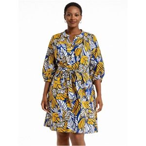 TALBOTS Plus Petite 18WP Tropical Leaf Print Cotton Belted Button Front Dress